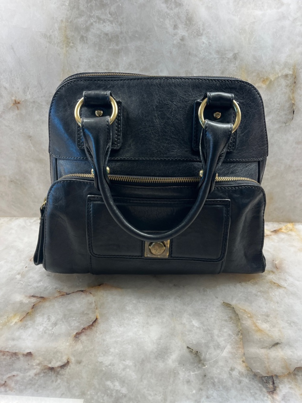Banana Republic Black Leather Satchel with Gold Hardware